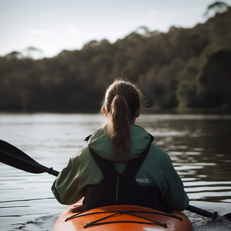 Young woman paddling on a kayak in a lake on a sunny dayの素材