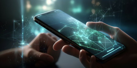 View of a Businessman holding a smartphone with technology and network connection concept 3d renderingの素材