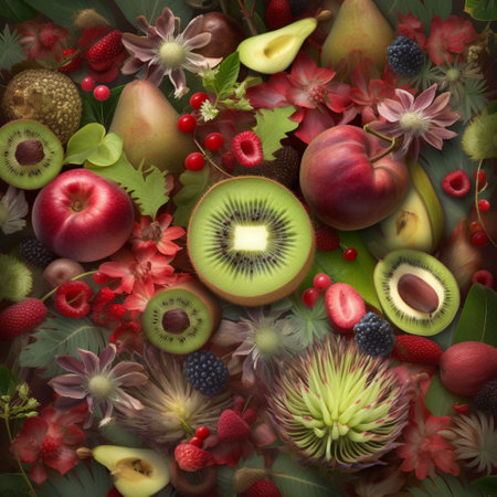 Fruits and vegetables background. Healthy food concept. Top view.の素材