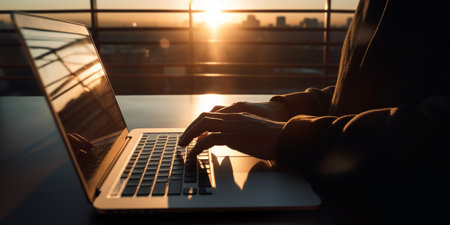 Hands of young man working on laptop computer in office at sunsetの素材