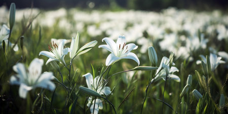 White lilies in the meadow. Nature background. Selective focus.の素材