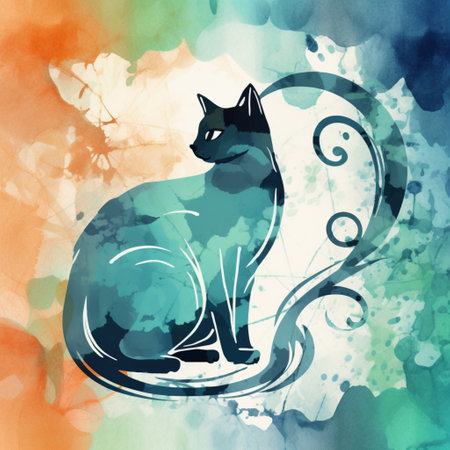 Watercolor silhouette of a cat on a watercolor background with leavesの素材