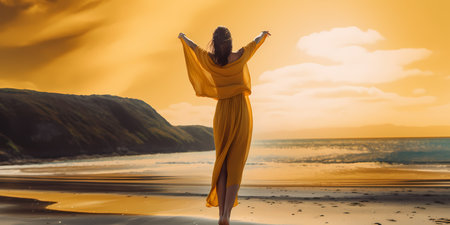Young woman in yellow dress walking on the beach at sunset time.の素材