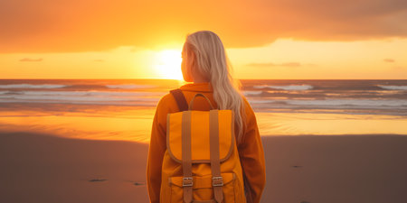 Young woman in a yellow jacket with a backpack on the beach at sunsetの素材