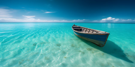Boat in the turquoise water of the Indian Ocean, Maldivesの素材