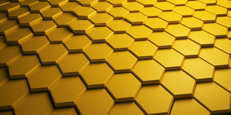 3d rendering of a golden hexagon pattern background. Reflective surface.の素材