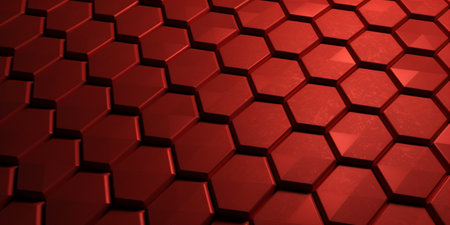 3d rendering of abstract metallic background with hexagons in red colorの素材