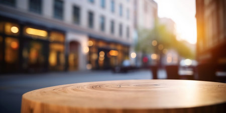 Empty wood table top on blur background of shopping mall in evening lightの素材