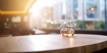 Glass of whiskey with ice cubes on wooden table in pub or restaurantの素材