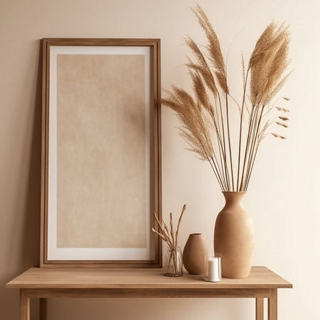 Mock up poster frame in interior background, Scandinavian style. 3d renderingの素材