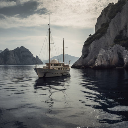 Yacht in the bay of Capri island, Italy. Vintage-style.の素材