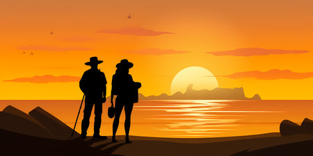 Vector silhouette of a man and a woman on the beach at sunset.の素材