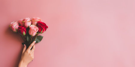 Female hand holding a bouquet of pink roses on a pink background.の素材