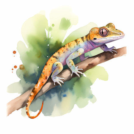 Watercolor gecko on a branch. Hand drawn vector illustration.の素材