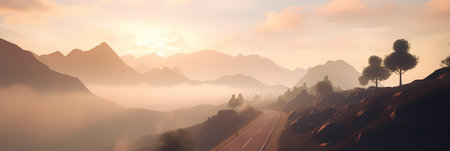 Beautiful panorama of a mountain road in the fog at sunsetの素材