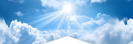 Blue sky background with white clouds and sun rays. 3d illustrationの素材