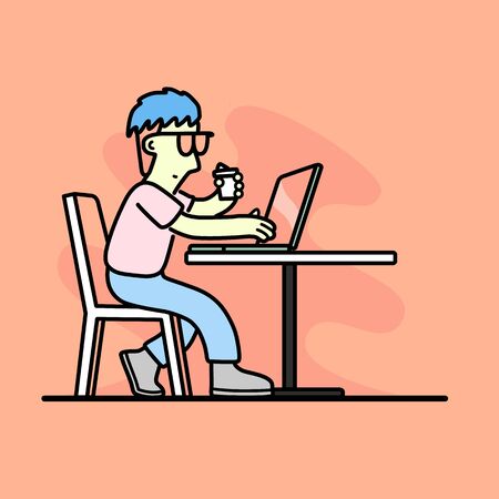 vector of a freelancer working with a coffee in hand.のイラスト素材
