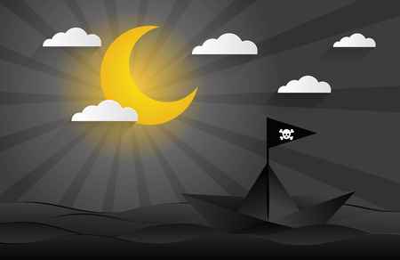 Origami made black sailing boat with a pirate flagのイラスト素材