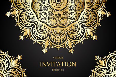 Elegant Save The Date card design. Vintage floral invitation card template. Luxury swirl mandala greeting card, gold, blackのイラスト素材