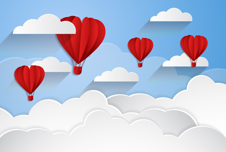 Happy valentines day, paper cut style,balloon flying and hearts decorationsのイラスト素材