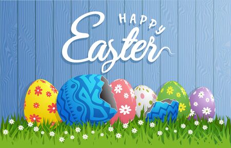 Happy Easter Day bunnies and egg. Wide copy space for text.のイラスト素材