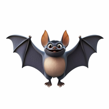 This charming cartoon style 3D icon features a long-nosed bat with open wings, radiating a whimsical...