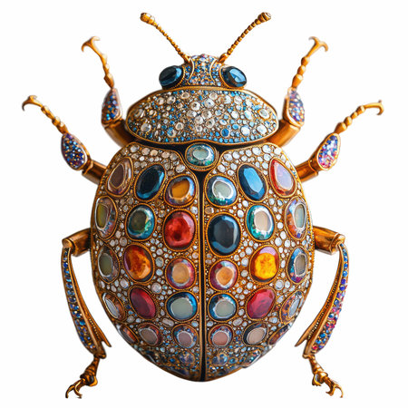 Discover an exquisite gold ladybug sculpture adorned with an array of colorful gemstones. This piece combines craftsmanship and aesthetics, perfect for enhancing any artistic decor.の写真素材