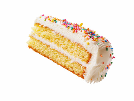 This vibrant image features a slice of birthday cake adorned with white frosting and colorful...