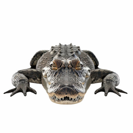This photorealistic image features a crocodile in a close-up view, showcasing its detailed scales and fierce expression against a clean white background. Perfect for wildlife projects.の写真素材