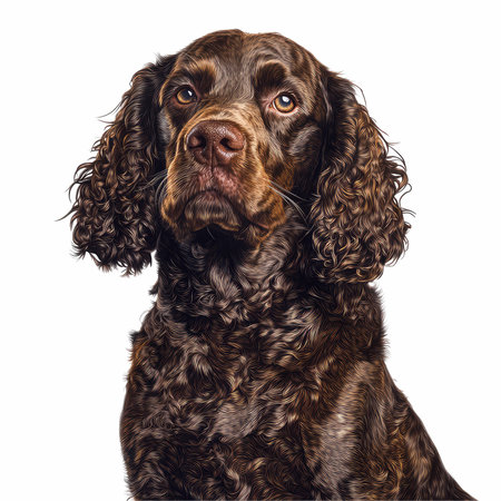 Stunning portrait of a brown spaniel dog against a white background, highlighting the pet's...
