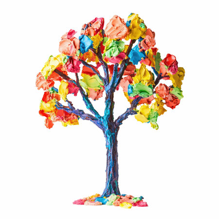 A vibrant and creative playdough tree sculpture featuring bright colored leaves, set against a simple background, perfect for art projects and inspiring imagination.の写真素材
