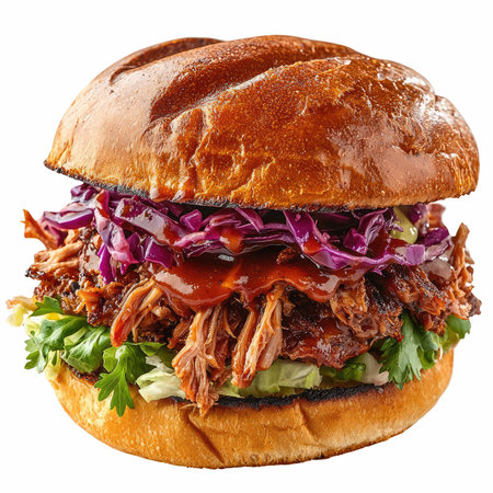 Enjoy a mouthwatering pulled pork slaw sandwich featuring tender meat, fresh greens, and vibrant...