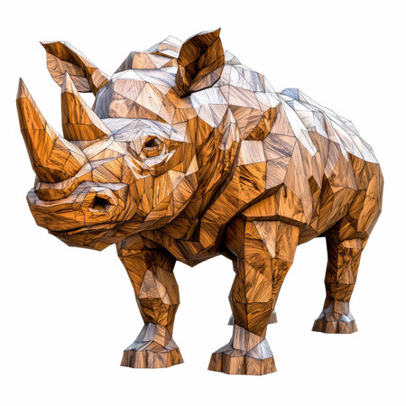 Discover a captivating 3D wood sculpture of a rhinoceros, crafted in low poly style. This unique artwork showcases intricate textures and a modern design, perfect for any space.の写真素材