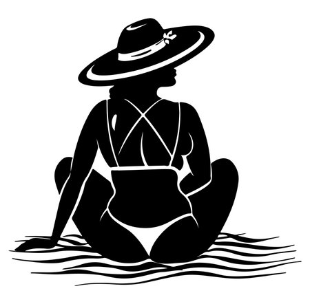 A stunning silhouette illustration of a woman in a swimsuit enjoying a serene moment at the beach. Perfect for summer themes and relaxation concepts.のイラスト素材