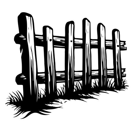 This illustration depicts a rustic wooden fence embraced by lush grass, offering a charming and natural element for various design projects and themes.のイラスト素材