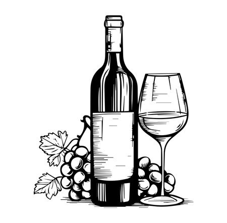 This detailed illustration features a vintage wine bottle and glass elegantly displayed with fresh grapes. Perfect for conveying luxury and culinary experiences.のイラスト素材