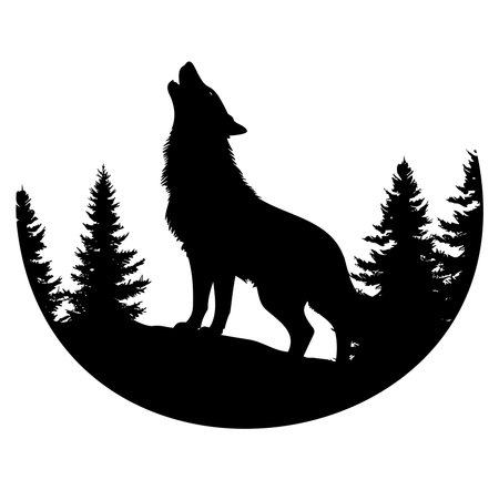 A striking silhouette of a howling wolf set against a backdrop of evergreen trees. This design...