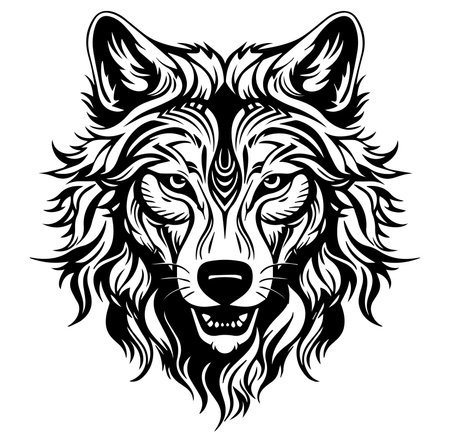 A striking black and white illustration capturing the fierce gaze of a wolf's head. This artistic rendering showcases intricate details and bold lines, representing strength and wild beauty. Perfect for nature-themed projects or animal lovers.のイラスト素材