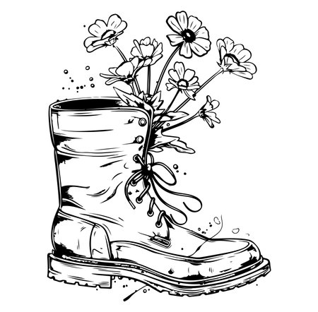 A black and white illustration of a vintage boot filled with flowers, symbolizing creativity and nature's beauty. Perfect for garden-themed projects.のイラスト素材