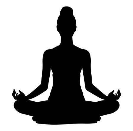 This image features a silhouette of a woman in a classic meditation pose, representing tranquility and mindfulness. Perfect for wellness and lifestyle themes.のイラスト素材