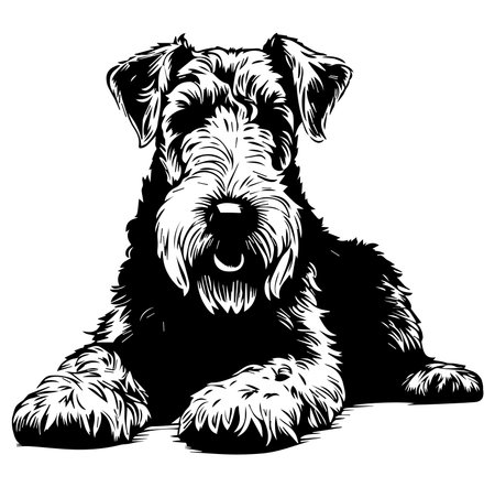 This black and white illustration features a joyful Airedale Terrier dog, showcasing its distinctive fur and friendly expression. Perfect for dog lovers.のイラスト素材