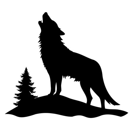 A striking silhouette of a howling wolf stands proudly on a hilltop, accompanied by a nearby pine tree. This artwork captures the essence of wilderness.のイラスト素材