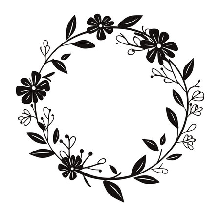 Beautiful black floral frame featuring various flowers and leaves, perfect for design projects, crafting, and decoration, showcasing natural elegance and simplicity.のイラスト素材