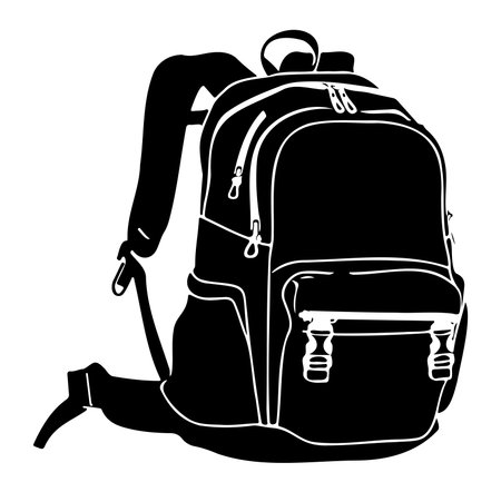 A sleek silhouette of a black backpack on a white background, ideal for representing travel, education, and outdoor activities in various creative projects.のイラスト素材