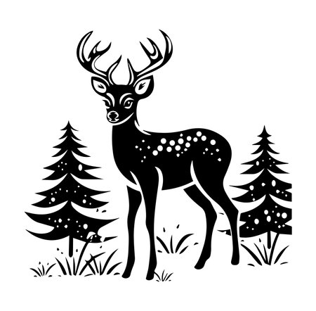 This elegant black and white silhouette depicts a deer standing gracefully among pine trees, creating a serene and artistic atmosphere for various creative projects.のイラスト素材
