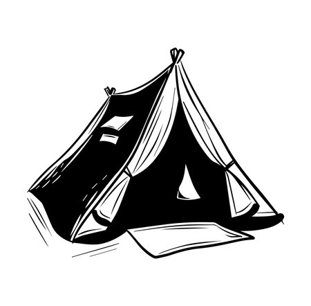 Illustrative black and white sketch of a camping tent, representing outdoor adventure and exploration. Ideal for travel and nature-themed projects.のイラスト素材