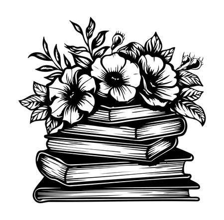 This striking monochrome illustration features a stack of books topped with a beautiful arrangement of flowers, perfect for decor or educational themes.のイラスト素材