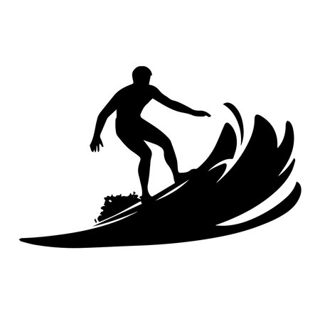 A striking silhouette of a surfer skillfully riding a large wave. This image captures the thrilling essence of water sports, emphasizing movement and excitement. Perfect for themes of adventure and summer activities.のイラスト素材
