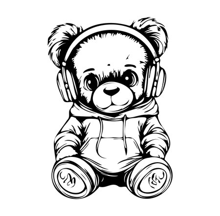 Adorable cartoon bear wearing headphones and a hoodie, radiating joy and playfulness. Perfect for designs focused on music, comfort, and childhood themes.のイラスト素材
