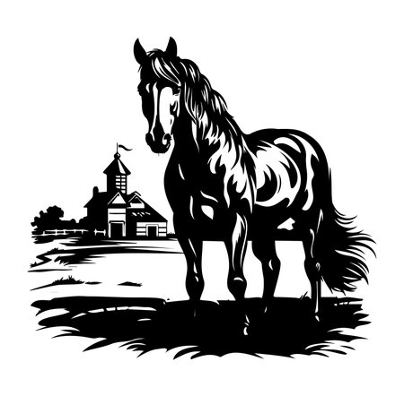 Stunning black and white silhouette of a horse near a barn, showcasing the serene beauty of rural life. Perfect for animal lovers and artists alike.のイラスト素材